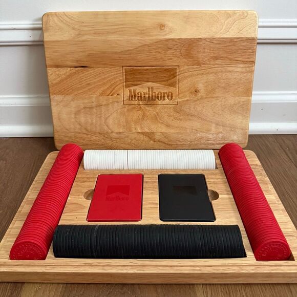 Vintage 90s Marlboro Oak Box Poker Set Chips Cards - Picture 1 of 6